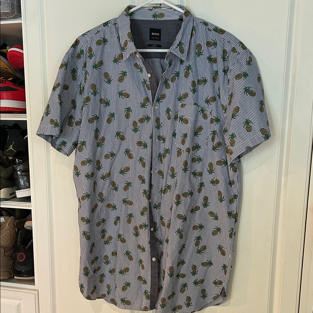 NEW! Boss Men's Striped Pineapple Print Shirt short sleeve XXL never worn slim